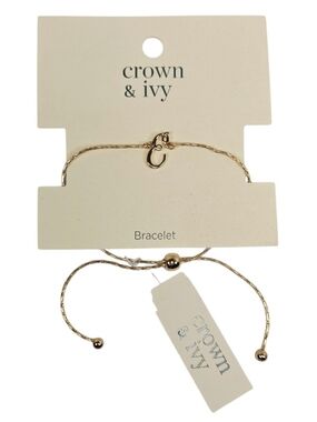 NWT Crown & Ivy Gold-Tone Monogram Script Initial " E" Charm Adjustable Bracelet